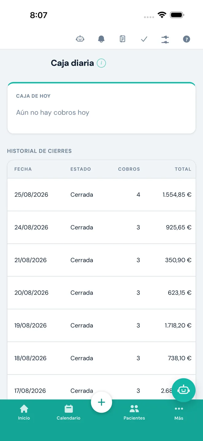El cierre de caja en la app de NuvaClin para el móvil